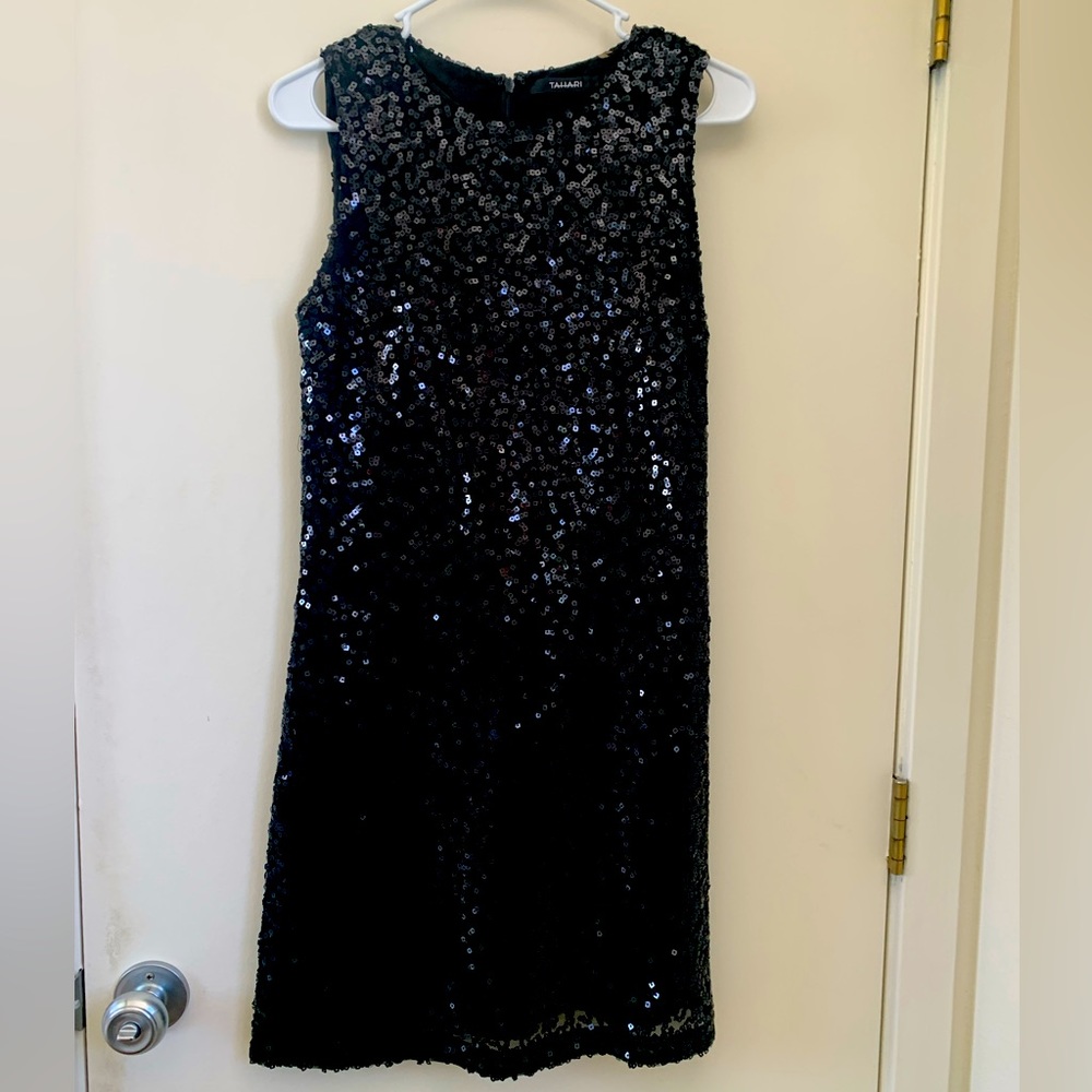 Black Tahari sequin mini shift dress